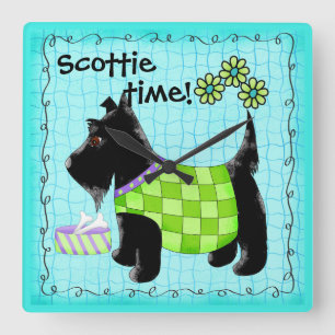 Horloge Carrée Black Scottie Terrier Chien Turquoise personnalisé