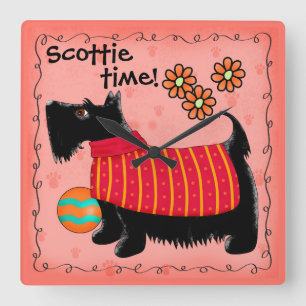 Horloge Carrée Black Scottie Time Dog Personnalisé Red Orange