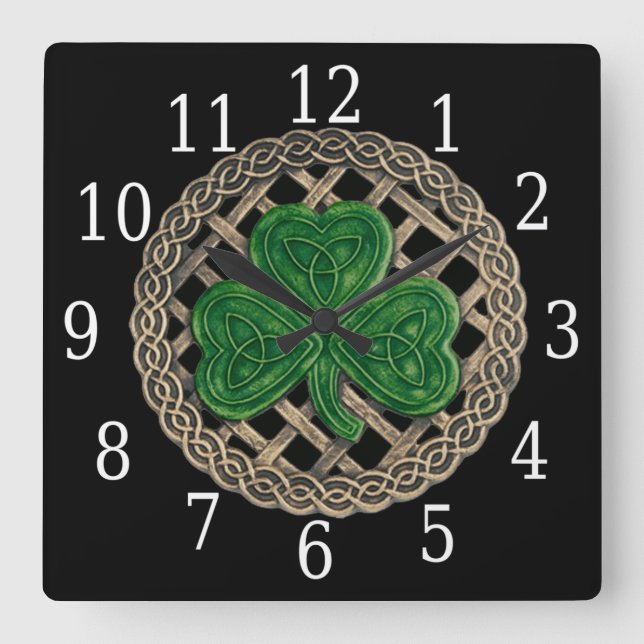 Horloge Carrée Black Shamrock And Celtic Knots Square Clock (Recto)