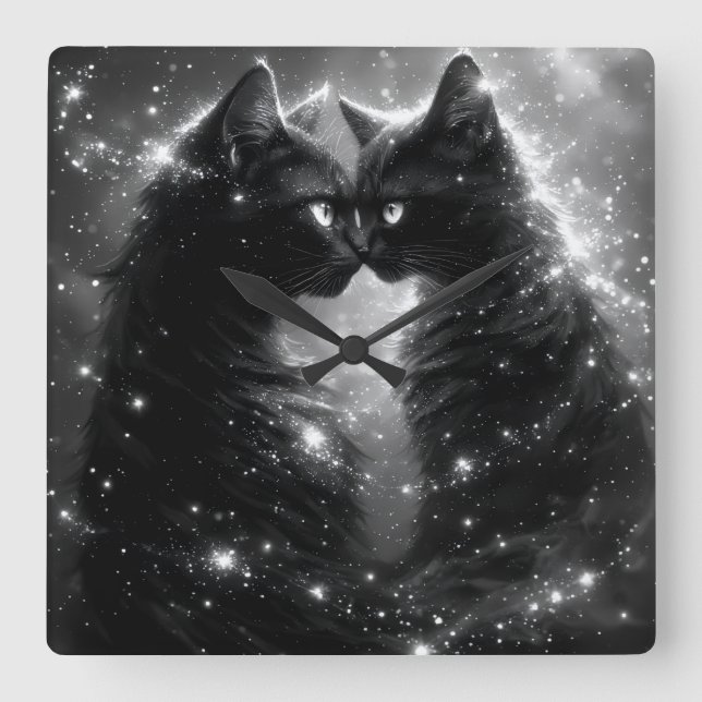 Horloge Carrée Black Whimsical Cat Clock (Recto)