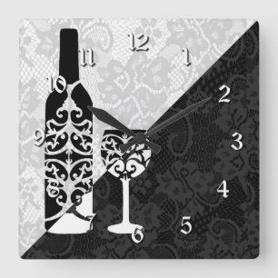 Horloge Carrée Black & White Lace Wine Bottle Square Clock