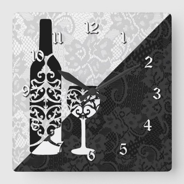 Horloge Carrée Black & White Lace Wine Bottle Square Clock (Recto)