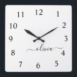 Horloge Carrée Black White Script monogram Girly<br><div class="desc">White and Black Script Monogram Clock. This makes the perfect sweet 16 birthday,  wedding,  bridal shower,  anniversary,  baby shower or bachelorette party gift for someone that loves glam luxury and chic styles.</div>
