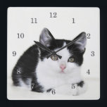 Horloge Carrée Black White Thoughtful Kitten Wall Clock<br><div class="desc">"A adorable clock with a cute black and white thoughtful kitten" You can personalize with your own special text,  font and color. Other products with this design can be found in our shop.</div>