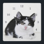 Horloge Carrée Black White Thoughtful Kitten Wall Clock<br><div class="desc">"A adorable clock with a cute black and white thoughtful kitten" You can personalize with your own special text,  font and color. Other products with this design can be found in our shop.</div>
