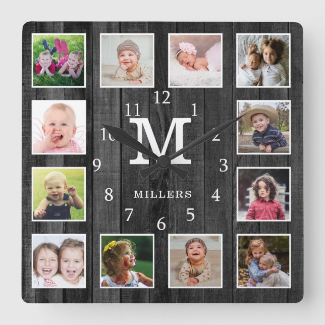 Horloge Carrée Black Wood 12 Photo Collage Family Name Monogram  (Recto)