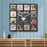 Horloge Carrée Black Wood 12 Photo Collage Grandkids Citation<br><div class="desc">Une horloge en bois rustique photo collage avec une belle citation "Les petits-enfants apportent de la joie au quotidien". Personnalisez avec 12 photos de famille et des noms pour en faire un cadeau mémorable pour les grands-parents.</div>