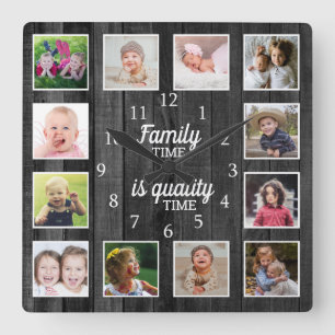 Horloge Carrée Black Wood 12 Photo Template Family Time Quote