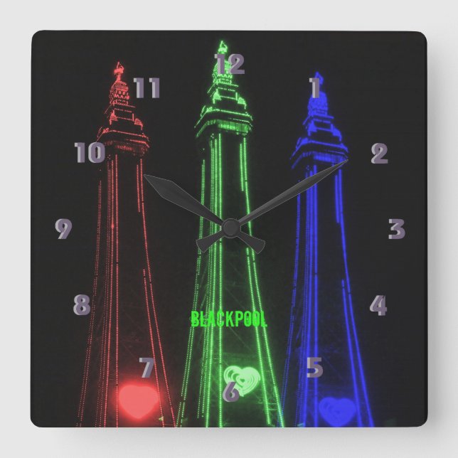 Horloge Carrée Blackpool Beautiful Tower Lights, Red, Green,  (Recto)