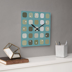 Horloge Carrée Blanc ivoire Beige Turquoise Bleu rond Carrés Moti