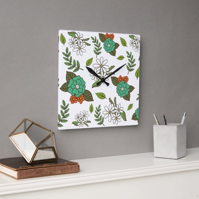 Horloge Carrée Blanc Rétro et Floral Vert (Bureau)