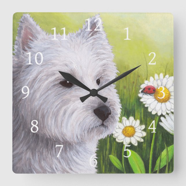 Horloge Carrée Blanc Westie du chien 83 (Recto)