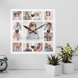 Horloge Carrée Blessed Script Family Memory Photo Grid Collage<br><div class="desc">Un beau cadeau personnalisé pour votre famille qu'ils chériront pour les années à venir. Dispose d'une moderne treize matrices photo pour afficher 13 de vos propres souvenirs de photos de famille. "Béni" conçu dans un magnifique style manuscrit noir. Chaque photo est encadrée d'un simple cadre doré. Les coeurs noirs simples...</div>