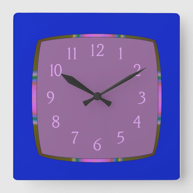 Horloge Carrée Bleu avec bordure arc-en-ciel et centre mauve (Recto)