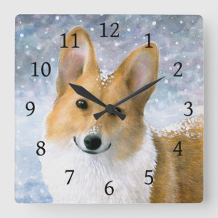 Horloge Carrée Bleu d'hiver de neige de corgi du chien 126