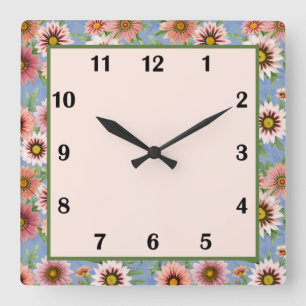 Horloge Carrée Bleu et rose marguerite Art botanique floral