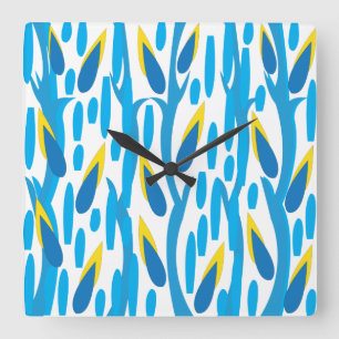 Horloge Carrée Bleu Jaune Abstraits Feuilles Vintage Nature