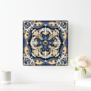 Horloge Carrée Bleu Jaune Blanc Noir Azuleju Espagnol Marocain