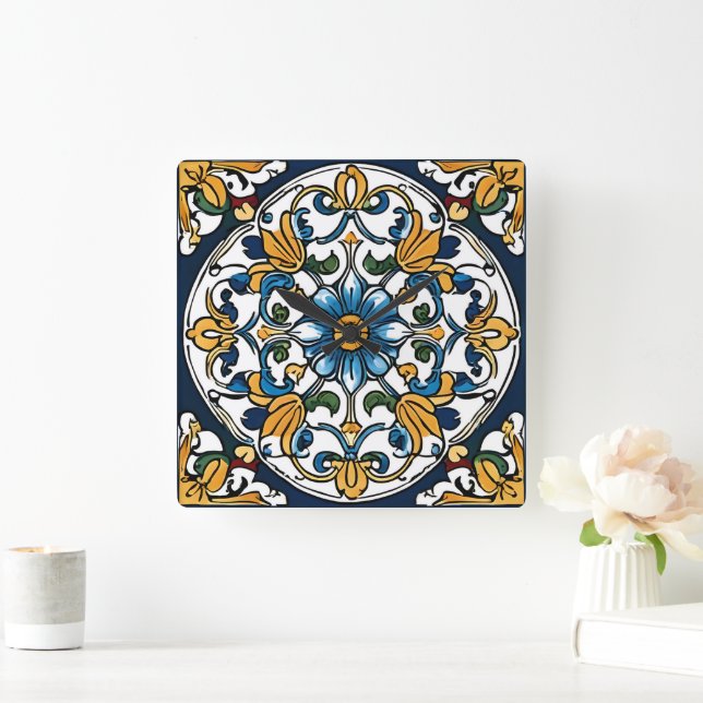 Horloge Carrée Bleu jaune noir Azuleju espagnol marocain (Maison)