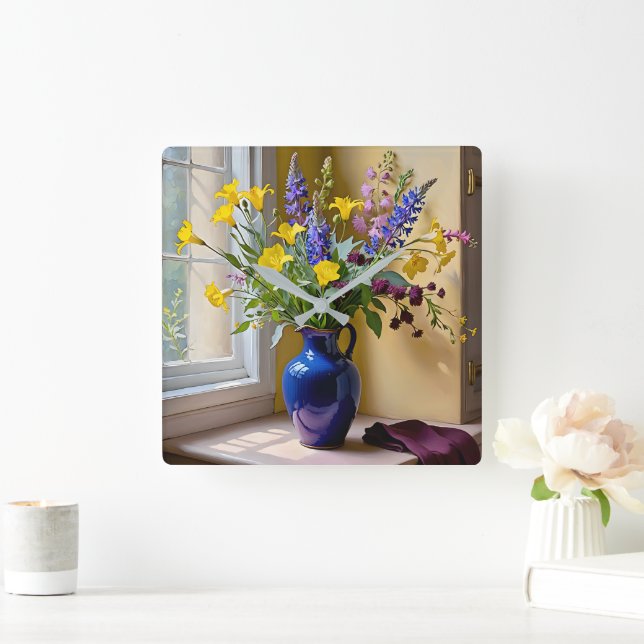 Horloge Carrée Bleu jaune pourpre fleurit Art (Maison)