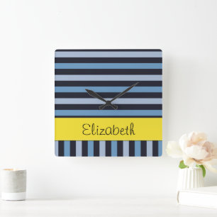 Horloge Carrée Bleu, Lignes, Motif rayé, Votre Nom