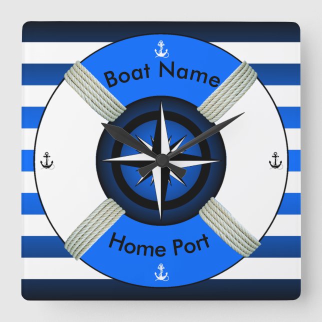 Horloge Carrée Bleu ~Livesaver~Ocean et White~ de ~Life-Anneau de (Recto)