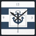 Horloge Carrée Bleu nautique et Ancre avec Monogramme<br><div class="desc">Gras rayures bleu marine et blanc avec ancre et monogramme. Personnalisez comme préféré.</div>
