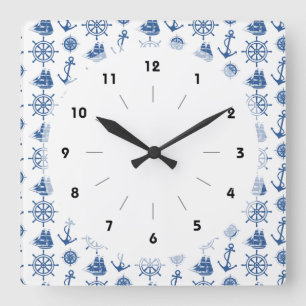 Horloge Carrée Bleu nautique et blanc d'Ancre de thème