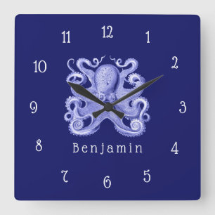 Horloge Carrée Bleu Octopus Plage Côtière Nautique Nom de la mais