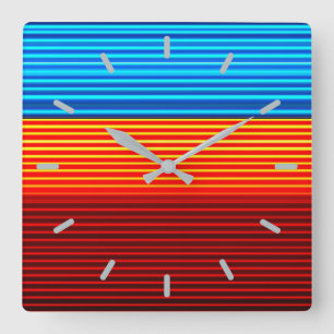 Horloge Carrée Bleu orange jaune rouge noir rayures