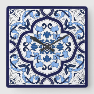 Horloge Carrée Bleu Orné Floral Méditerranéen Carrelage Sicilien