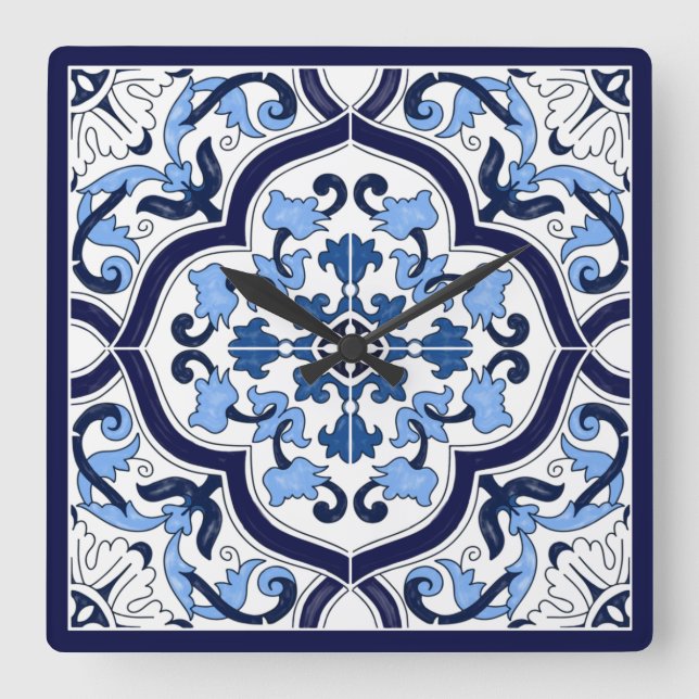 Horloge Carrée Bleu Orné Floral Méditerranéen Carrelage Sicilien (Recto)