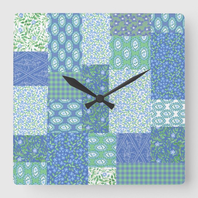 Horloge Carrée Bleu Périwinkle Floral Boho Faux Motif Patchwork (Recto)