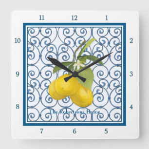 Horloge Carrée Bleu personnalisé par branche de citron de roulea