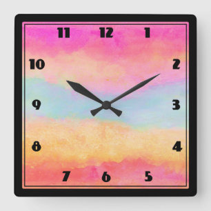 Horloge Carrée Bleu rose Jaune arc-en-ciel Abstraites bandes