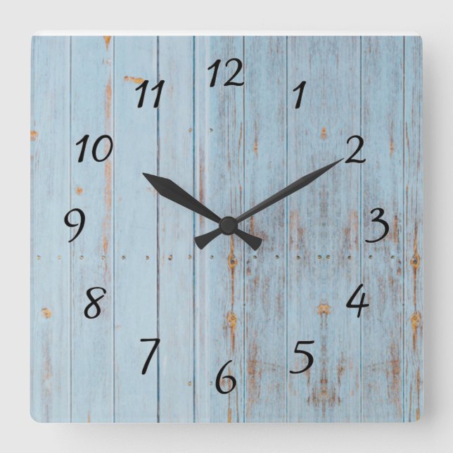 Horloge Carrée Bleu Rustique Bois Ferme Vintage (Recto)