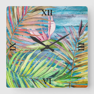 Horloge Carrée Bleu Rustique Tropical Jardin Oiseau du Palmier du