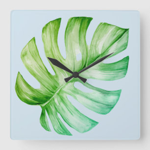 Horloge Carrée Bleu tropical botanique de feuille verte de
