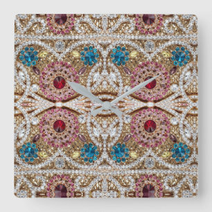 Horloge Carrée bleu turquoise or bordeaux rose bohème