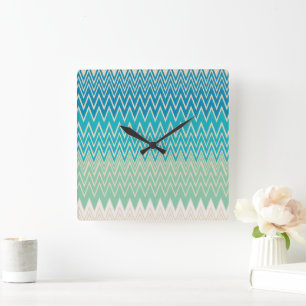 Horloge Carrée Bleu turquoise, turquoise et vert Zigzags