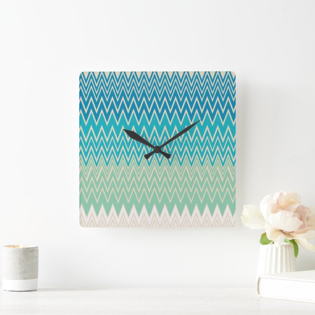 Horloge Carrée Bleu turquoise, turquoise et vert Zigzags (Maison)