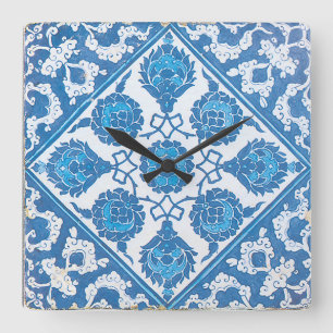 Horloge Carrée Bleuet Bleu Vintage Carreau Blanc