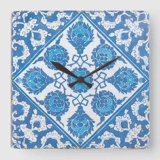 Horloge Carrée Bleuet Bleu Vintage Carreau Blanc