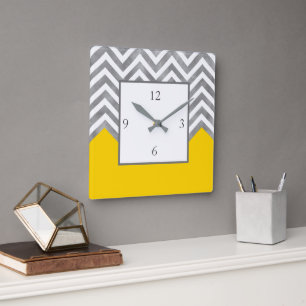 Horloge Carrée Bloc de couleur gris blanc jaune Chevron