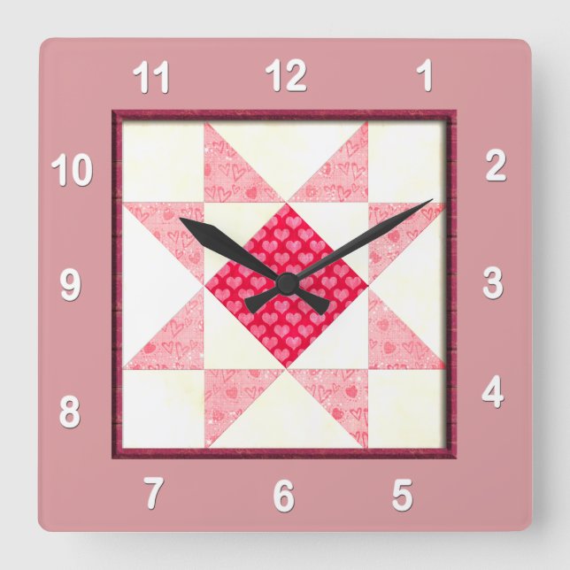 Horloge Carrée Bloc de quilt love en rose (Recto)