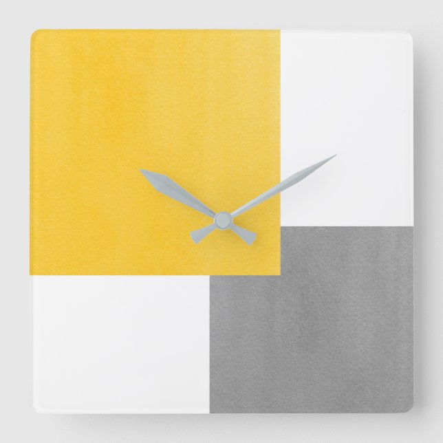 Horloge Carrée Bloc géométrique blanc gris jaune (Recto)
