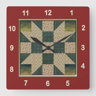 Horloge Carrée Bloc Quilt Star Patch Gold & Green