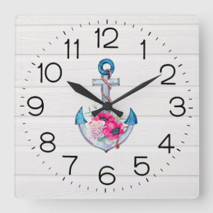 Horloge Carrée Bloc Wall Clock Anchor On White Wood Square