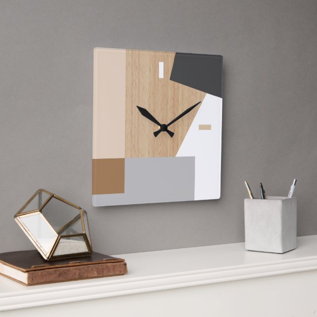 Horloge Carrée Blocs Modernes Art Motif Sur Faux Bois (Bureau)