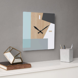Horloge Carrée Blocs Modernes Art Motif Sur Faux Woodgrain
